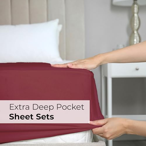 Extra Deep Pocket Full Sheets - 4 Piece Breathable & Cooling Bed Sheets - Hotel Luxury Bed Sheet Set - Soft, Wrinkle Free & Comfy - Easily Fits Extra Deep Mattresses - Deep Pocket Burgundy Sheets Set