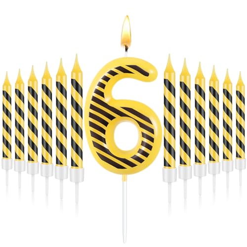 Threlaco 13 Pcs Construction Themed Birthday Candles Set, 12 Yellow and Black Striped Candle and 1 Number Candle Cake Topper for Construction Party Decoration Baby Shower Party Supplies (Number 6)