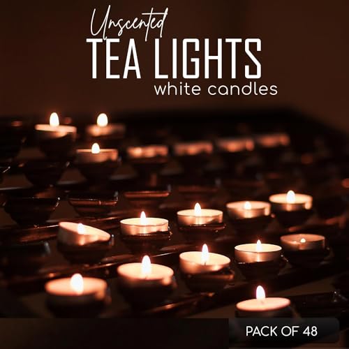 The Decor Affair 48 Pack White Tealights - Serene Illumination for 4 Hours, Arranged in 6 Boxes of 8.