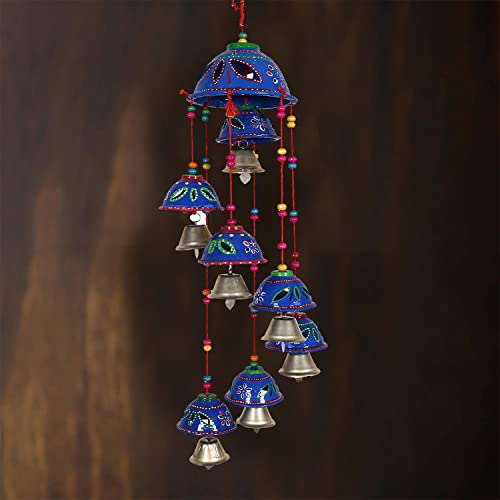 Urbane Home Rajasthani Design Handcrafted Hanging Windchimes|Latkan with 8 Bells for Home Décor & Positive Energy (Blue)