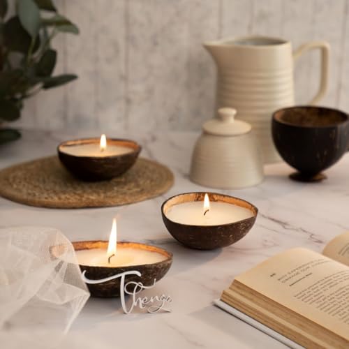 Thenga Coconut Shell Eco-Friendly Candle/Diya | Coconut Scented Candles (Set of 4), White