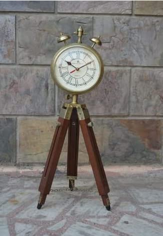 S A Enterprises Brass Floor Table Clock with Wooden Tripod Stand (Brown)