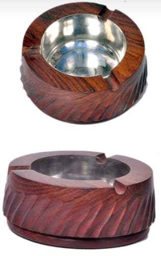 WOODSPIRATION-India Wooden Hand Crafted Carved Decorative Round Ashtray with 3 Spots for Resting While Smoking Car/Home/Garden/Kitchen (Brown-10x10x3) Pack Of 1