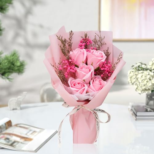 THE STYLE SUTRA Artificial Soap Flower Bouquet Realistic Valentines Day Gift for Mothers Day Pink Rose