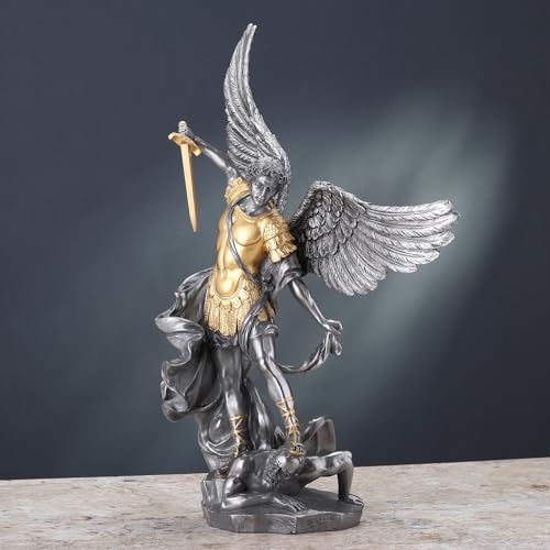 Veronese Design 14 5/8 Inch Saint Michael Tramples Demon Resin Sculpture Cold Cast Pewter Finish Statue