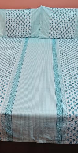 CHHAP Home Collection Hand Block Printed King Size Cotton Bedsheet(108"*100) with Two Pillow Cover,Blue Horizon Buties in Blue and White Colour