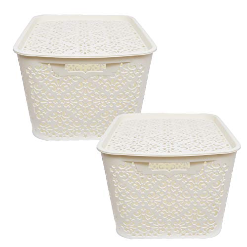 Cutting EDGE Plastic Storage Baskets Lidded Shelf Turkish Rack, Large Set of 2 with Lid for Storage Baskets for Fruit Vegetable Bathroom Stationary Home Basket with Handle (Cream, Large)