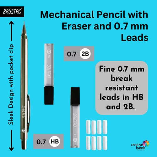 BRUSTRO Mechanical Pencil with Eraser 0.7mm Writing/Sketching/Drawing Spare leads HB-20 units. 2B-20 units Spare eraser- 8 units