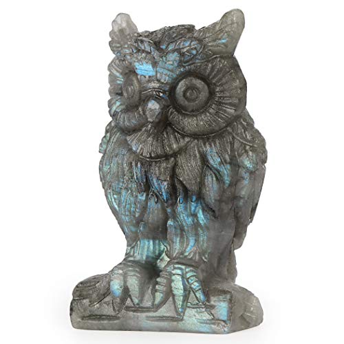 Artistone 2.0" Labradorite Owl, Hand Carved Gemstone Fine Art Sculpture, Reiki Healing Stone Statue,for Home and Office Decor