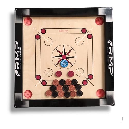 RMP Carrom Board for Kids 20 inches Glossy Finish with Carrom Board Coins, Carrom Board Striker and Magic boric Powder, with Chess Board and Ludo Board Game.