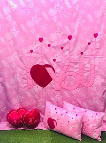 PRISCILLA Designer I Love You Patch Cotton Double Bedsheet for Couples with 2 Pillow Covers and 2 Heart Cushion. (Pink)