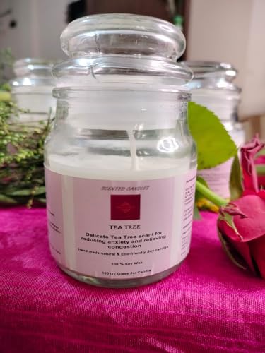 Tea Tree, Rose & Lavender 3X100 GMS Each, Pack of 03, Organic Hand Made Natural Aroma Candles 100% Soy Wax, Fragrance up to 25Hrs, Best Gift, Scented Candles for Home Decor