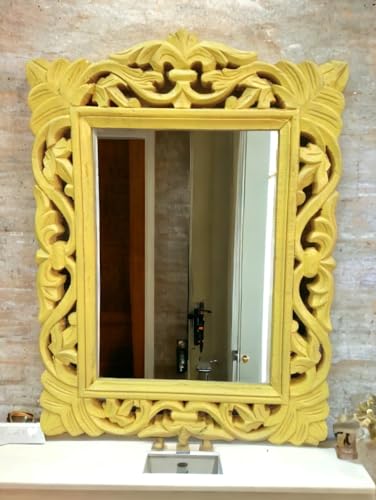 Taksha Decors Carved Wooden Frame Mirror | Intricate Wooden Carving | Yellow | 12 inches