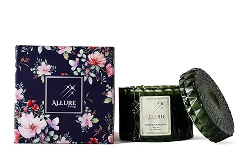 Allure Living Gorgeous Gardenia Green Tea Lily & Bergamot Candles | 2 Wick Candle |Up to 30 Hours Burning Time | Natural Soy Wax | Aromatherapy Aesthetic Scented Candle |Pack of 3