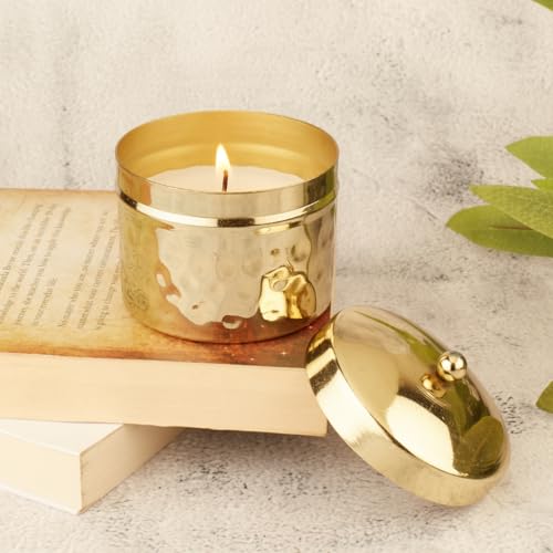 Asian Aura Scented Soy Blend Candle in Gold Hammered Metal Jar with Lid | Smokeless, Long-Lasting Aroma Candle for Home Decor, Events, Relaxation, and Gifting (Royal Oud)