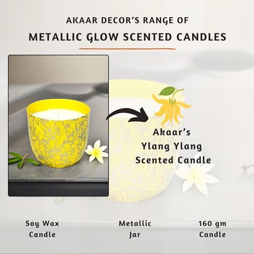 Akaar Decor Range of Metallic Glow Scented Candles | 100% Soy Wax | 160 Grams | Handcrafted | Ylang Ylang (Yellow) | Oudh (Black) | Premium Metallic Jar Candle (Ylang Ylang Yellow Jar)