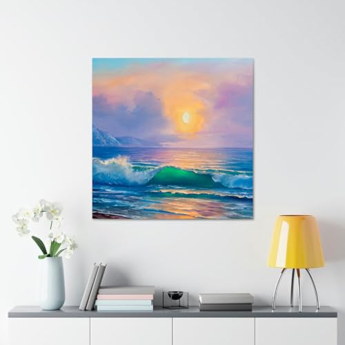 GADGETS WRAP Canvas Gallery Wrap Framed for Home Office Studio Living Room Decoration (17x17inch) - Sea Sunset Scenery Oil Painting