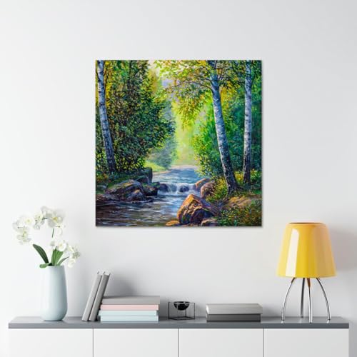 GADGETS WRAP Canvas Gallery Wrap Framed for Home Office Studio Living Room Decoration (17x17inch) - River In Forest Oil Painting