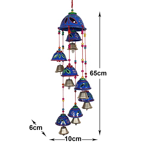 Urbane Home Rajasthani Design Handcrafted Hanging Windchimes|Latkan with 8 Bells for Home Décor & Positive Energy (Blue)