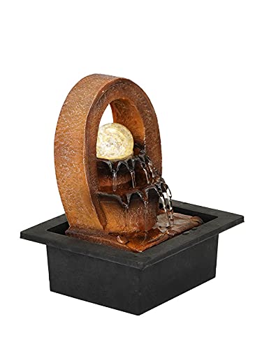 CRAFT SMITH Polyresin Brown Designer Oval Table Top Indoor 2 Steps Waterfall Fountain with Yellow LED Lights, Water Flow Controller Pump and Crystal Ball (Size: 25 x 21 x 18.5CM | Weight: 1180grm)