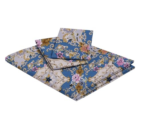 DORTHY 160 TC Glace Cotton Flat Single Bedsheet (60 X 90 inches) with 1 Pillow Covers (20 x 30 inches),Blue-Flower