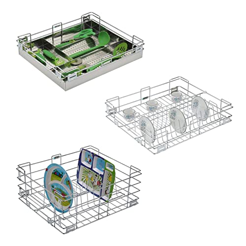 SmartSlide Set Of 3 Stainless Steel Kitchen Basket For Modular Kitchen/Kitchen Trolley/Kitchen Drawer/Kitchen Cabinet/Utensils Storage Organizer (17 X 20 Inch) Pull-Out Shelves,Pull-Out Shelf,Silver