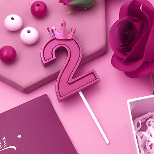 3 Inch Birthday Number Candle, 3D Number Candle with Crown Decor Large Cake Topper Number Candles for Birthday Cakes Wedding Anniversary Graduation Festival Party (Rose Red, 2)