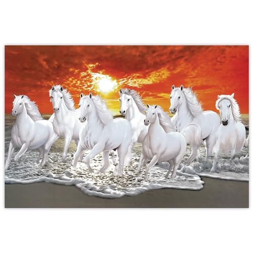 Indianara Rolled Sparkled Vastu Seven Running Horses Art Print for Room Décor Digital Reprint 36 inch x 24 inch Painting (Style 11)