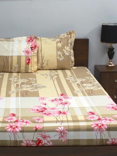 Bombay Dyeing Satin Silk 220 TC 100% Cotton with Super Soft Satin Feel King Bedsheet with 2 Pillow Cover (Beige)