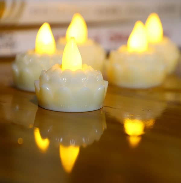 Veecraft Water Sensored Diyas and Candles, Flameless/Smokeless/Battery Operated Tea Light Water Floating Candles for Home Decoration, Diwali, Christmas, Valentines (Designer, Yellow, Pack of 24)