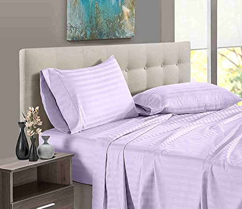 Easy Bedding- 100% Cotton Breathable Flat Bedsheet with 2 Pillow Cover- 600 Thread Count Sateen Bedsheet- 3 PC Hotel Luxury Bedsheet Set- Lavender Stripe, Single Size