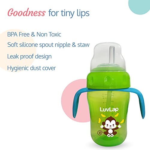 LuvLap Banana Time 210ml Anti Spill, Interchangeable Sipper / Sippy Cup with Soft Silicone Spout and Straw BPA Free, 6m+ (Green)