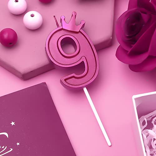 3 Inch Birthday Number Candle, 3D Number Candle with Crown Decor Large Cake Topper Number Candles for Birthday Cakes Wedding Anniversary Graduation Festival Party (Rose Red, 9)