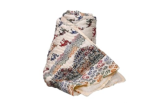 LOARSHY Hand Block Gold Printed Jaipuri Razai Lightweight and Warm Soft Blanket Camal with Hawamahal - Cream (90X108)