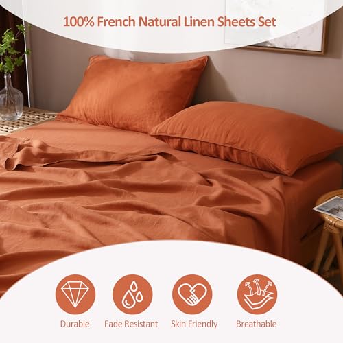 S VICTORY SYMBOL 100% French Natural Linen Bedding Sheet Sets,Deep Pocket Sheets,Ultra Soft Durable Luxurious Stone Washed Flax 4 Pieces Sheets Set(Caramel,California King)