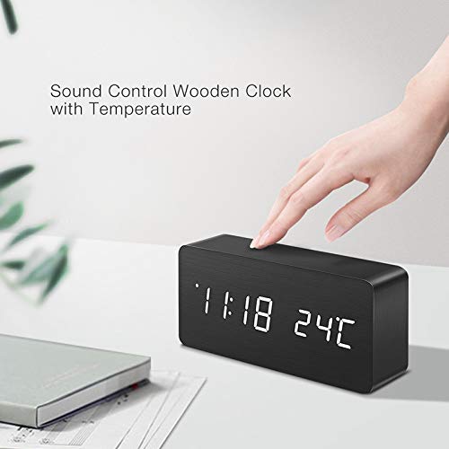 ThreeH Desk Wooden Alarm Clock Digital Adjustable Brightness 3 Set of Alarm and Voice Control Large Display Time Temperature Date USB or Battery Powered-AC11 Black, White-7W x 15H Cm