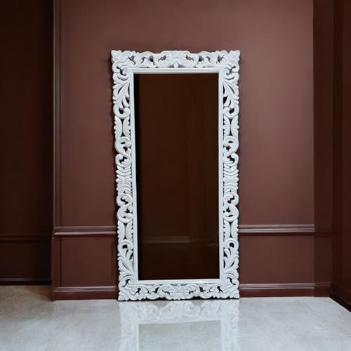 AESTHETIC DECOR Wooden(4x2.5) ft Carved Wall Mirror Frame Solid Mango Wood, | with Out Mirror | Crown Pattern White Deco