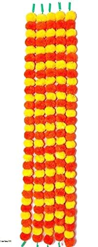 DECOFOLD Genda Phool Yellow Dark Orange Artificial Marigold Fluffy Flower/Genda Phool Garlands String for Diwali, Navratri,Durga Pooja Festival Office Decoration 5 Feet (Pack of 15)