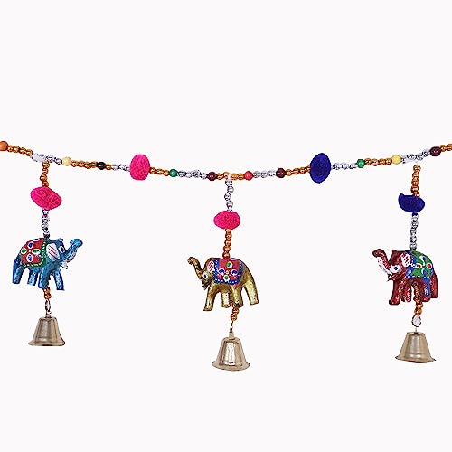 Urbane Home Bandarwal | PVC Handcrafted Latkan | Wind Chimes for Home Décor | 7 Elephants & Bells Design | Handcrafted Bandarwal | Multi