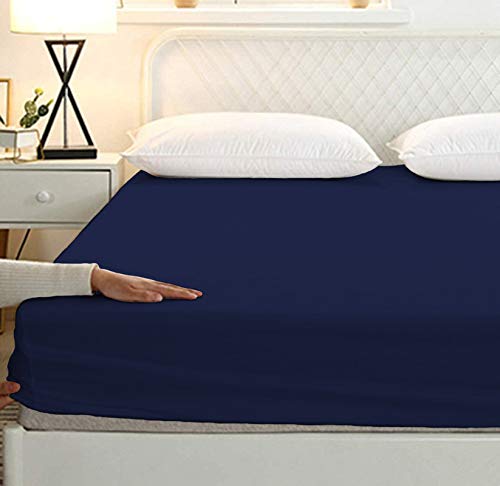 Sweet Dream's 850 Collection Egyptian Cotton Fitted Bedsheet 4 to 12 Inch Matress 15" Drop Doube Bed (48x75) Inches (4 by 6.3) Feet + 2 Pillow Covers (18x28), Navy Blue