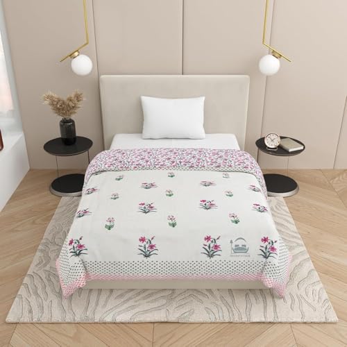 AARMOZY Cotton Jaipuri Razai Single Bed Hand Block Floral Buta Bail Print Quilt Blanket - Pink (Single Bed A)