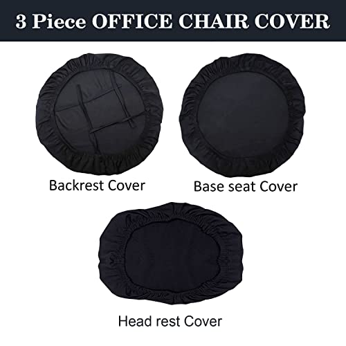 HOTKEI 3 Piece Black Office Chair Cover with Headrest Cover Stretchable Removable Stain Proof Office Computer Desk Executive Rotating Chair Seat Covers Slipcover Protector for Office Chair