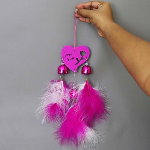 Spillbox Wall Hanging for Home Décor|Dream Catcher I Love You Heart-Shaped Wind Chime with Bells and Feathers Hanging|Amulet for Car, Home and Office[Wind Chime] (Hot Pink)