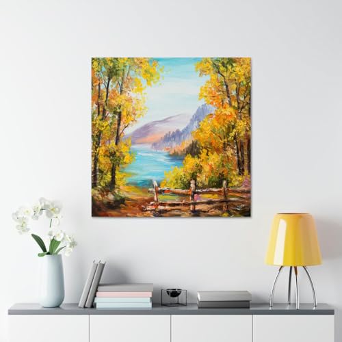 GADGETS WRAP Canvas Gallery Wrap Framed for Home Office Studio Living Room Decoration (17x17inch) - Autumn Trees & Lake Scenery Oil Painting