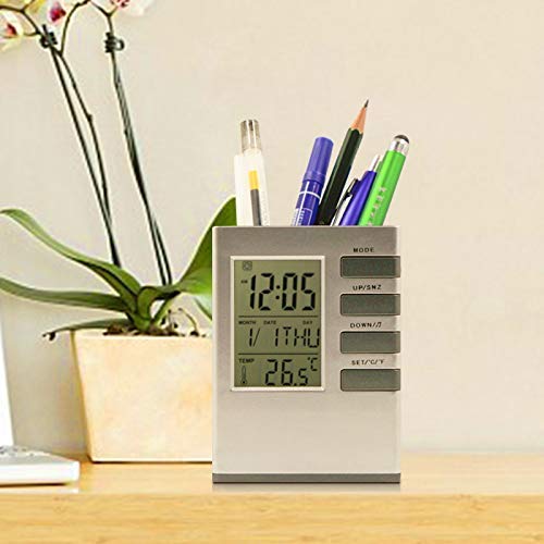 TGB Pen Holder LED Digital LCD Alarm Clock with Calendar Thermometer Desk Supplies Organisers (Grey) (Pack of 1)