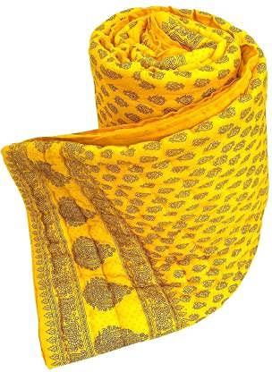 THROW KING Rajasthani Jaipuri Razai,rajai Single Bed Organic Cotton Floral Printed Jaipuri Razai/Rajai/Quilt/Blanket/Dohar (Yellow, Single)