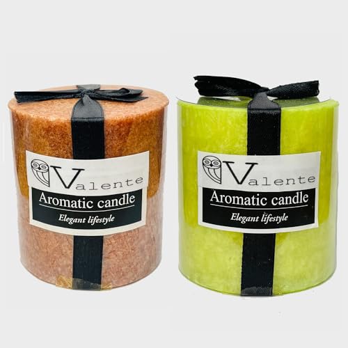 The Decor Affair Set of 2 Vanilla Bean Scented Pillar Candles (3x3 Inches) - Exquisite Aromatherapy Accessories for Creating a Cozy Atmosphere (Brown Green)