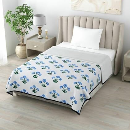 RARA Pure 100% Cotton, Dohar 250 GSM 200 Tc Single Bed 3 Layer, Hypoallergenic, Machine Washable, Soft and Comfortable Pack of 2 (60 x 90 Inch) (Blue Floral)