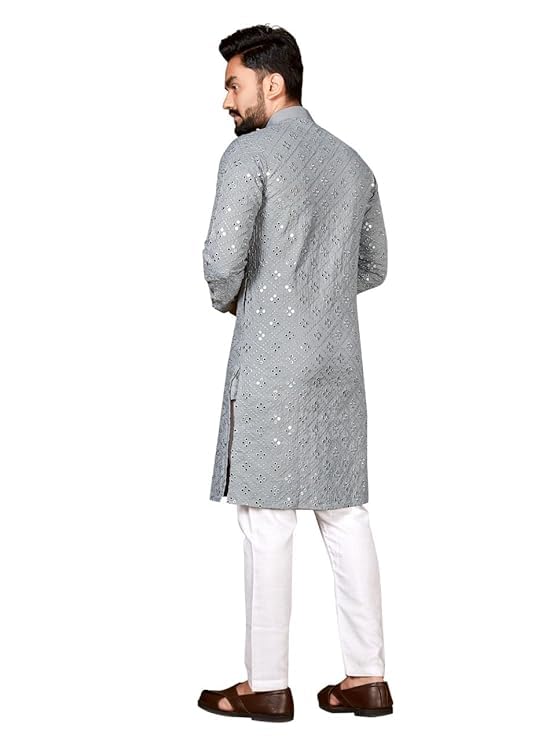 FOXDX Pure Soft Cotton Kurta Men with Embroidery Mirror Work (Large, Grey)