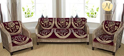 Nendle Soft Smooth Solid Fabric Floral Design Velvet 5 Seater Sofa Covers Set (Maroon, Set of 6 Pieces)